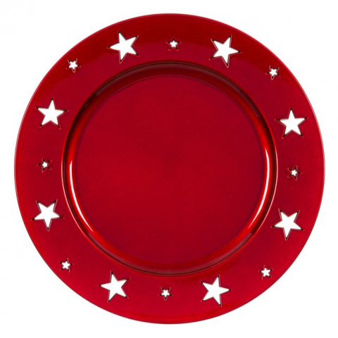 Articole pentru Craciun - Platou rotund decorativ cu model stelute pe margine,rosu,plastic,33 cm