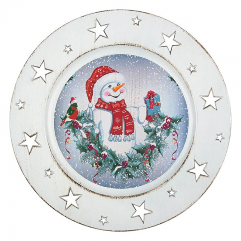 Articole pentru Craciun - Platou rotund decorativ cu model stelute si om de zapada,plastic,33 cm