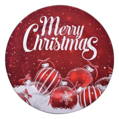 Articole pentru Craciun - Platou rotund decorativ globulete,rosu,plastic,33 cm