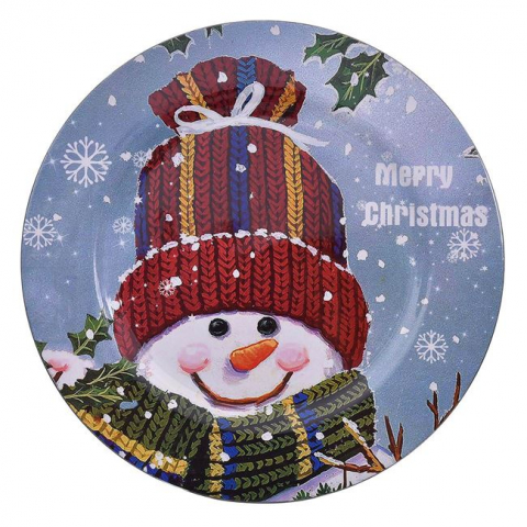 Articole pentru Craciun - Platou rotund decorativ om de zapada,albastru,plastic,33 cm