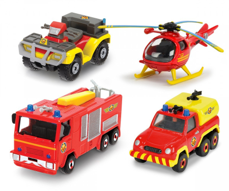 Masinute, Motociclete, Elicoptere, Avioane & Trenulete - Pompierul Sam Set 4 Vehicule Metal cu Elicopter 1:64