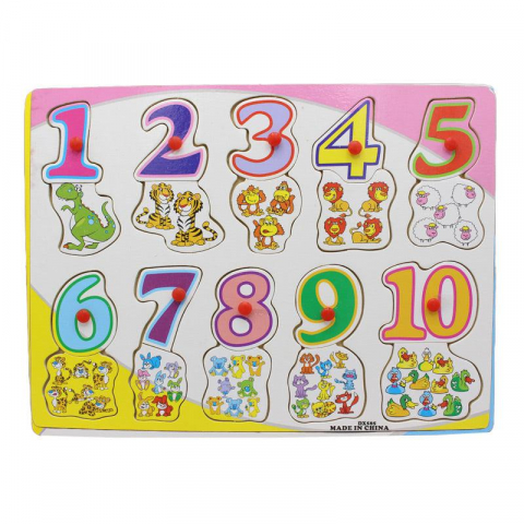 Jocuri si articole copii - Puzzle cu butoni -Invata numerele de la 1 la 10,lemn, 30x22 cm
