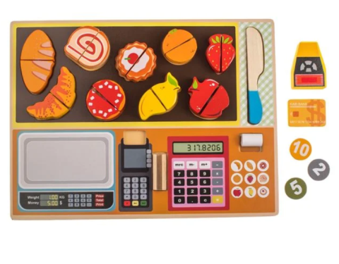 Puzzle din lemn 3D Alimente si casa de marcat, cu cutit si accesorii, 30x22 cm, 3 ani+ [1]