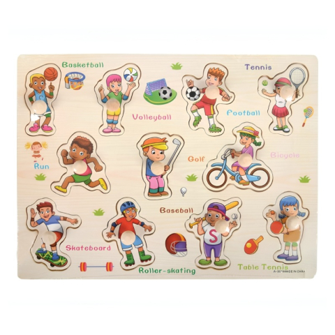 Puzzle - Puzzle din lemn cu butoni Activitati sportive, 11 piese, format A4, 2 ani+