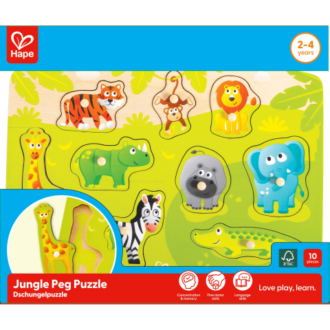 Puzzle lemn - Puzzle din lemn cu butoni – Animale din junglă (9 piese)
