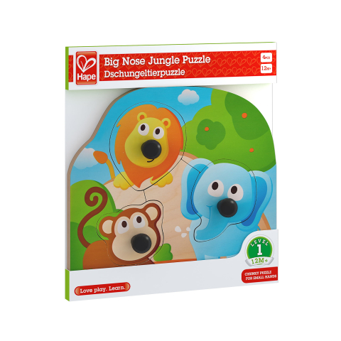 Puzzle lemn - Puzzle din lemn cu butoni – Animale din junglă cu nas mare