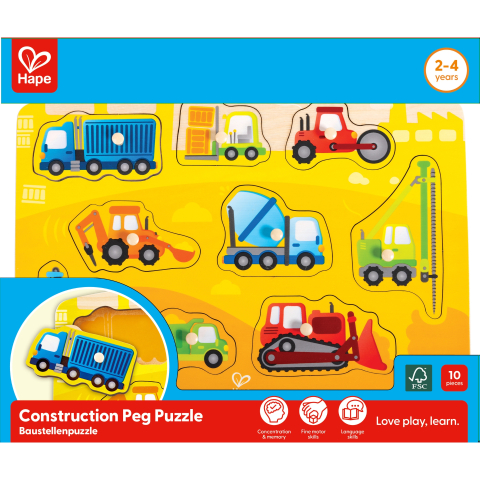 Puzzle lemn - Puzzle din lemn cu butoni – Autovehicule de construcție (9 piese)
