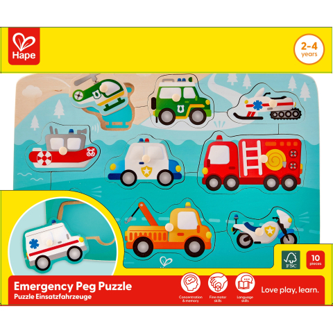Puzzle lemn - Puzzle din lemn cu butoni – Autovehicule de intervenție (24 luni+)