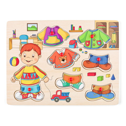 Puzzle lemn - Puzzle din lemn cu butoni – Îmbracă-l pe Sebastian, joc educativ