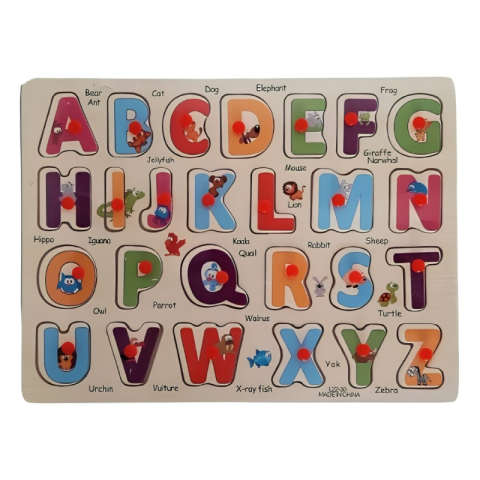 Puzzle - Puzzle din lemn cu butoni Invata alfabetul in limba engleza cu animale, 26 piese