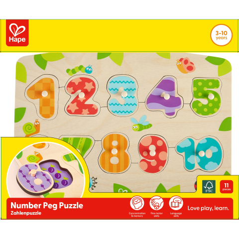 Puzzle lemn - Puzzle din lemn cu butoni – Numere (1–10)