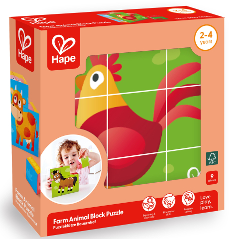 Puzzle lemn - Puzzle din lemn cuburi – Animale de la fermă 3 x 3 (6 imagini)
