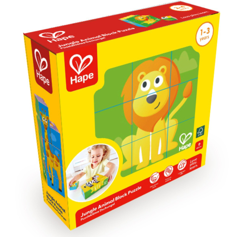 Puzzle lemn - Puzzle din lemn cuburi – Animale din junglă 3 x 3 (6 imagini)