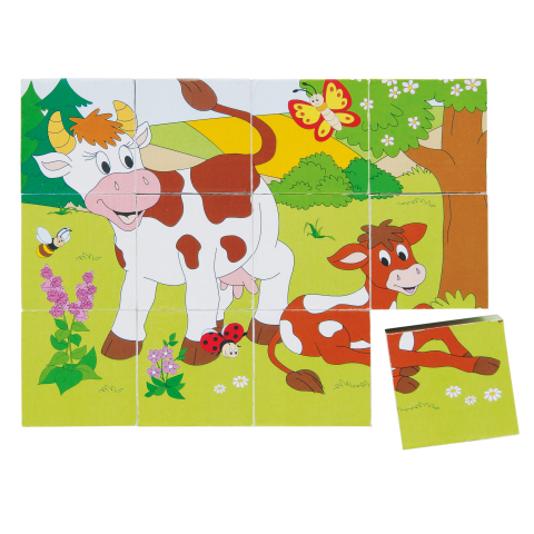Puzzle lemn - Puzzle din lemn cuburi – Fermă 3x4, imagini educative