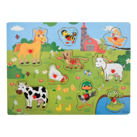 Puzzle - Puzzle din lemn educativ cu butoni Animale domestice, 9 piese, 3 ani+