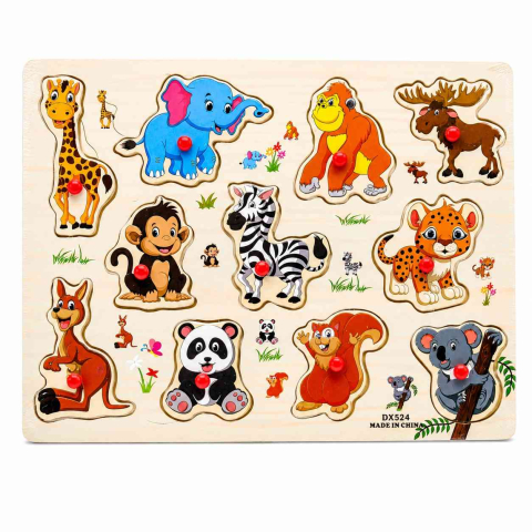 Puzzle - Puzzle din lemn educativ cu butoni Animale salbatice, 11 piese, 3 ani+