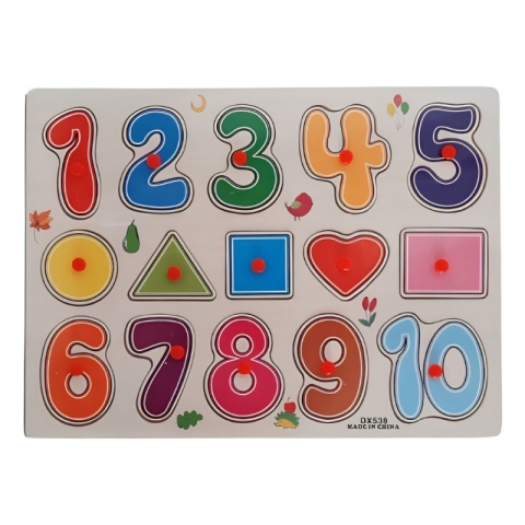 Puzzle lemn - Puzzle din lemn educativ cu butoni Cifre si forme, 15 piese, 3 ani+