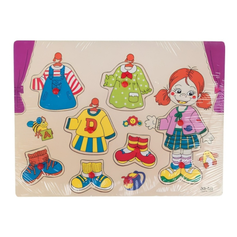 Puzzle - Puzzle din lemn educativ cu butoni Imbraca Fetita, 8 piese