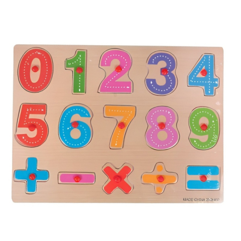 Puzzle - Puzzle din lemn educativ cu butoni Invata cifrele 0-9 si semne matematice, 15 piese
