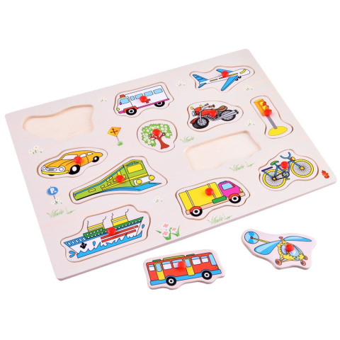 Puzzle din lemn educativ cu butoni Mijloace de transport si obiecte, 12 piese [3]