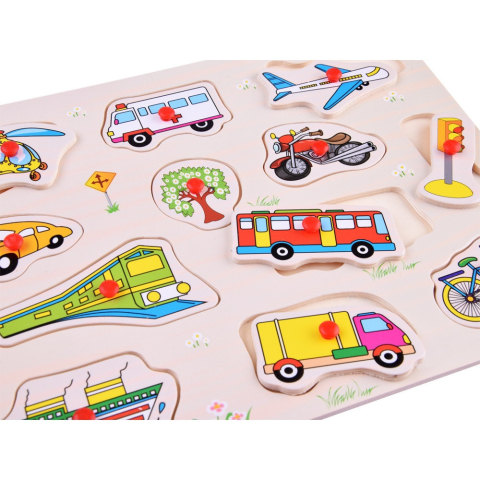 Puzzle din lemn educativ cu butoni Mijloace de transport si obiecte, 12 piese [4]