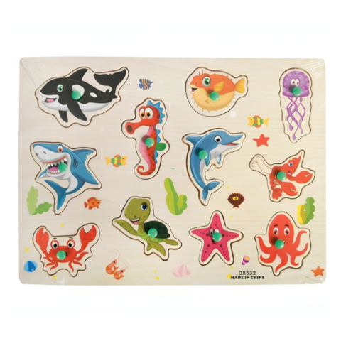 Puzzle - Puzzle din lemn educativ cu butoni Vietati marine, 11 piese