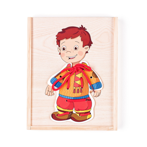 Puzzle lemn - Puzzle din lemn – Îmbracă băiețelul, joc educativ cu șnur