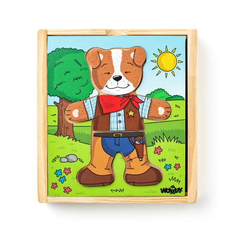 Puzzle lemn - Puzzle din lemn – Îmbracă cățelul, joc educativ cu 18 piese