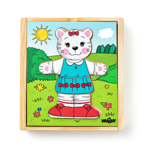 Puzzle lemn - Puzzle din lemn – Îmbracă pisica, joc educativ cu 18 piese