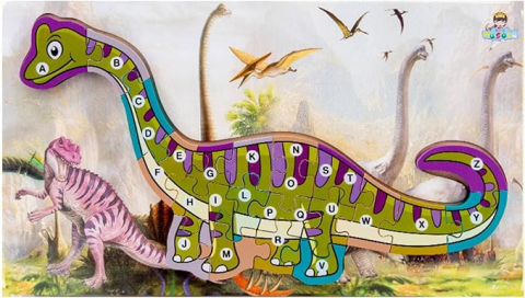 Puzzle lemn - Puzzle dinozaur 3D incastru din lemn cu litere, 40x22 cm
