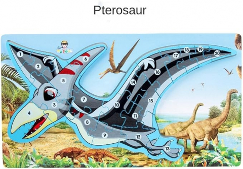 Puzzle lemn - Puzzle dinozaur Pterosaur 3D incastru din lemn cu numere de la 1-20, 40x22 cm