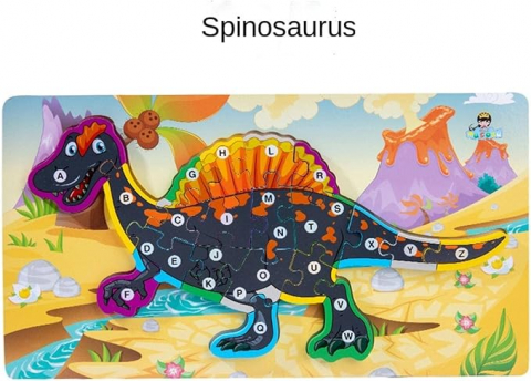 Puzzle lemn - Puzzle dinozaur Spinosaurus 3D incastru din lemn cu litere, 40x22 cm