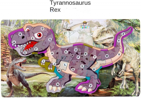 Jocuri si articole copii - Puzzle dinozaur T-rex 3D incastru din lemn cu litere, 40x22 cm