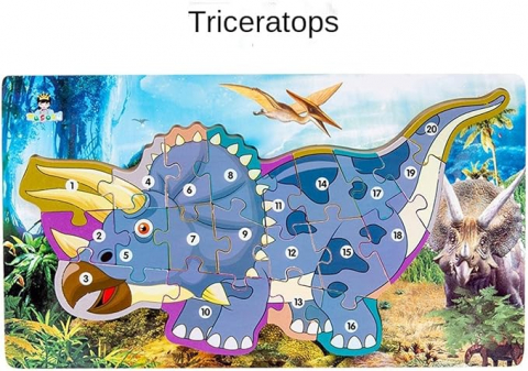 Puzzle lemn - Puzzle dinozaur Triceraptos 3D incastru din lemn cu numere de la 1-20, 40x22 cm