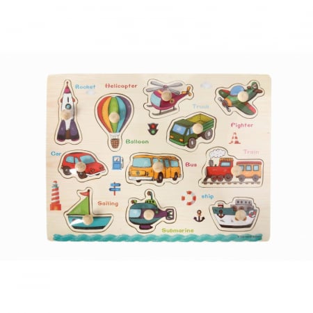Puzzle - Puzzle incastru cu butoni din lemn Vehicule -11 piese