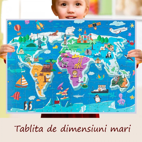 Puzzle magnetic tip tablita harta lumii cu animale, 168 piese, snur agatare pe perete, multicolor, 41x55 cm [0]