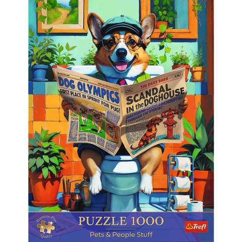 PUZZLE TREFL 1000 PREMIUM PLUS ANIMALE DE COMPANIE SI OAMENI CORGI LA TOALETA [2]