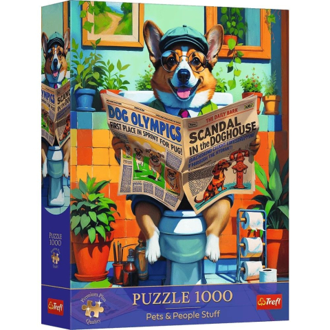Puzzle personaje - PUZZLE TREFL 1000 PREMIUM PLUS ANIMALE DE COMPANIE SI OAMENI CORGI LA TOALETA