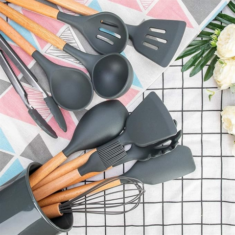 Set 11 ustensile din silicon pentru gatit cu suport,gri antracit [2]