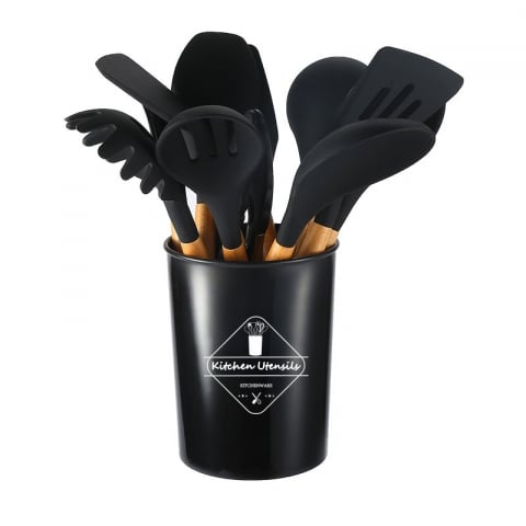 Tacamuri & accesorii - Set 11 ustensile din silicon pentru gatit cu suport,negru