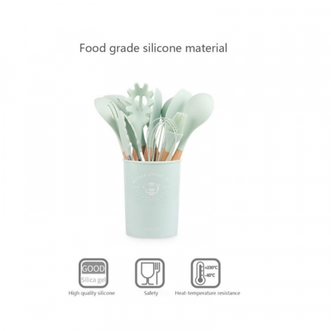 Set 11 ustensile din silicon pentru gatit cu suport,verde pastel [2]