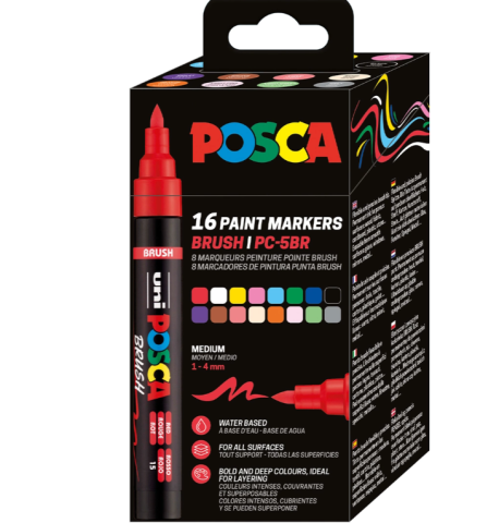 Produse art & craft-Lucru manual - Set 16 markere Posca PC-5BR cu varf mediu tip pensula 1-4mm