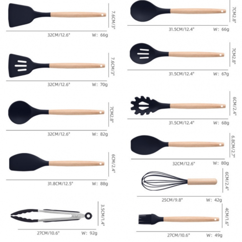 Set 17 ustensile de gatit din silicon cu maner rezistent din bambus, suport si tocator, negru [1]