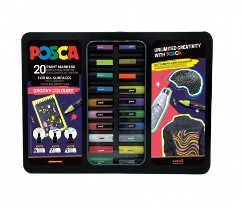 Produse art & craft-Lucru manual - Set 20 markere Posca Groovy Colours in cutie metalica neagra eleganta-Editie limitata
