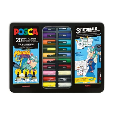 Produse art & craft-Lucru manual - Set 20 Markere POSCA Mango Hero– Ediție Limitată cu 3 Tipuri de Vârfuri și Cutie Metalică