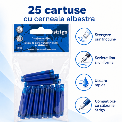 Cerneala si Rezerve - Set 25 rezerve pentru Stiloul cu stergere Strigo cu Cerneală Albastră –  Ștergere prin Fricțiune