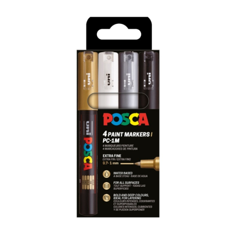 Produse art & craft-Lucru manual - Set 4 markere UNI Posca PC-1M, vârf rotund 0.7 mm – negru, argintiu, auriu, alb