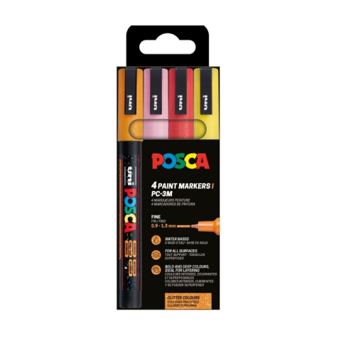 Produse art & craft-Lucru manual - Set 4 markere UNI Posca PC-3ML, vârf rotund 0.9–1.3 mm – culori calde cu sclipici
