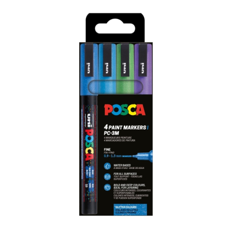 Produse art & craft-Lucru manual - Set 4 markere UNI Posca PC-3ML, vârf rotund 0.9–1.3 mm – culori reci cu sclipici