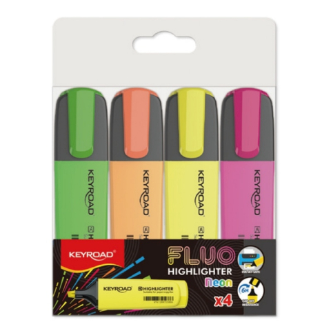 Papetarie & Birotica - Set 4 textmarkere fluorescente Keyroad, varf tesit, culori neon (galben, verde, orange, roz)